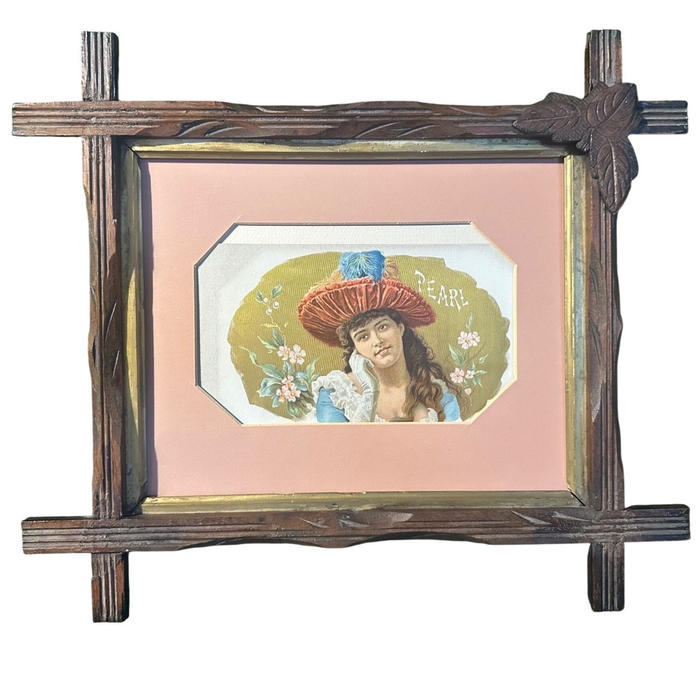 Antique Victorian Lithograph Pearl Brand Art Print Rustic Tramp Art Carved Frame